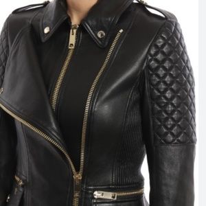 Women's Biker Leather Jacket Black Gold Zipper